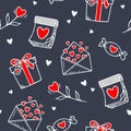 Happy Valentine`s day theme. Cute hand drawn seamless pattern with love doodles elements: hearts, candies, flowers, calendar, gift Royalty Free Stock Photo